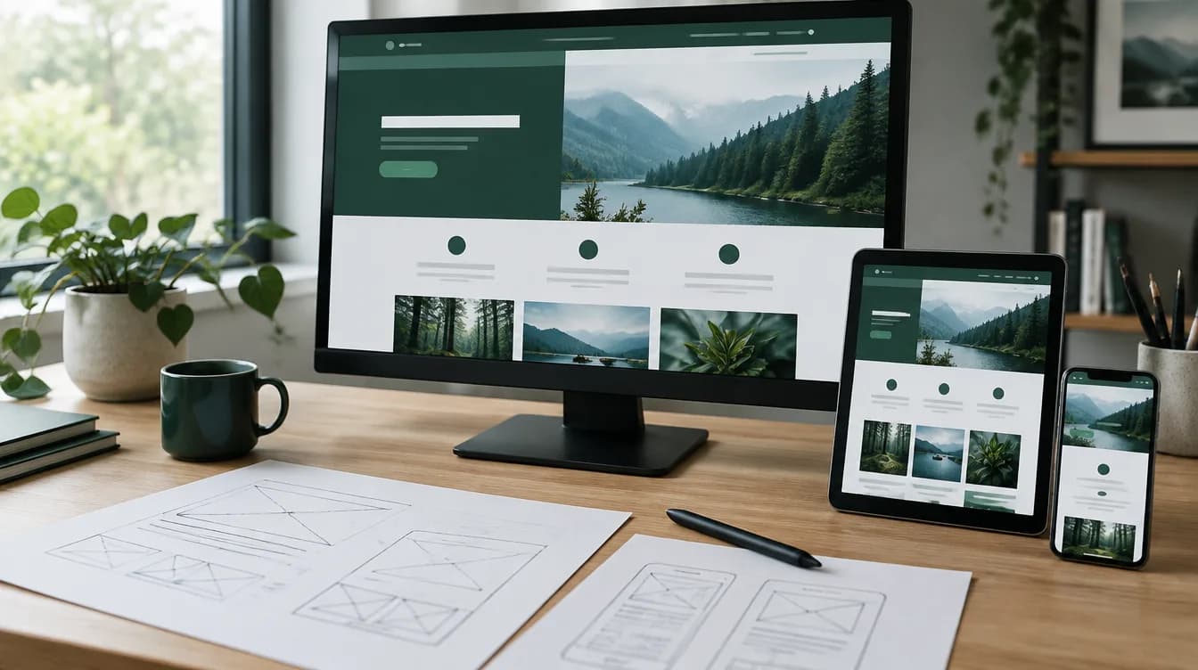 Un site web adaptatif affiché sur un écran, une tablette et un téléphone