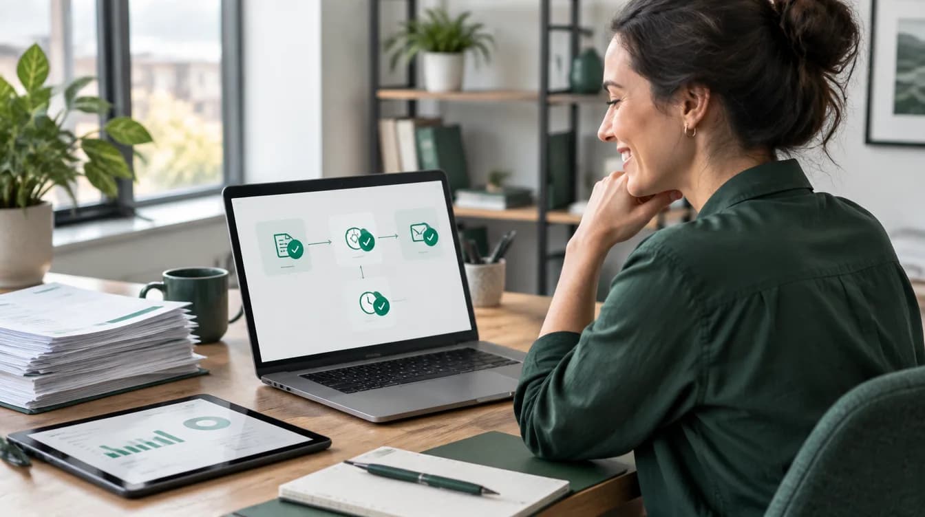 Une propriétaire d’entreprise examine un flux de travail automatisé sur un portable