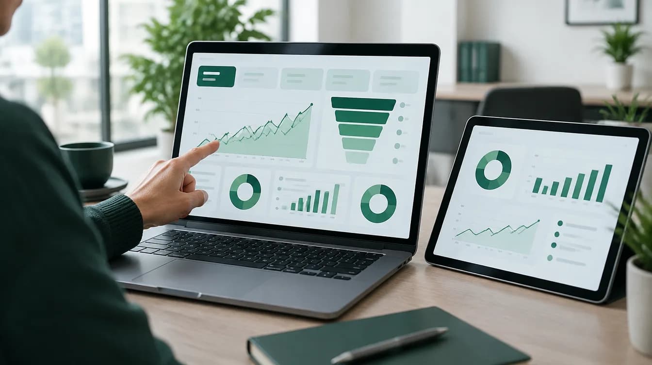 Un tableau de bord analytique avec graphiques sur un portable et une tablette