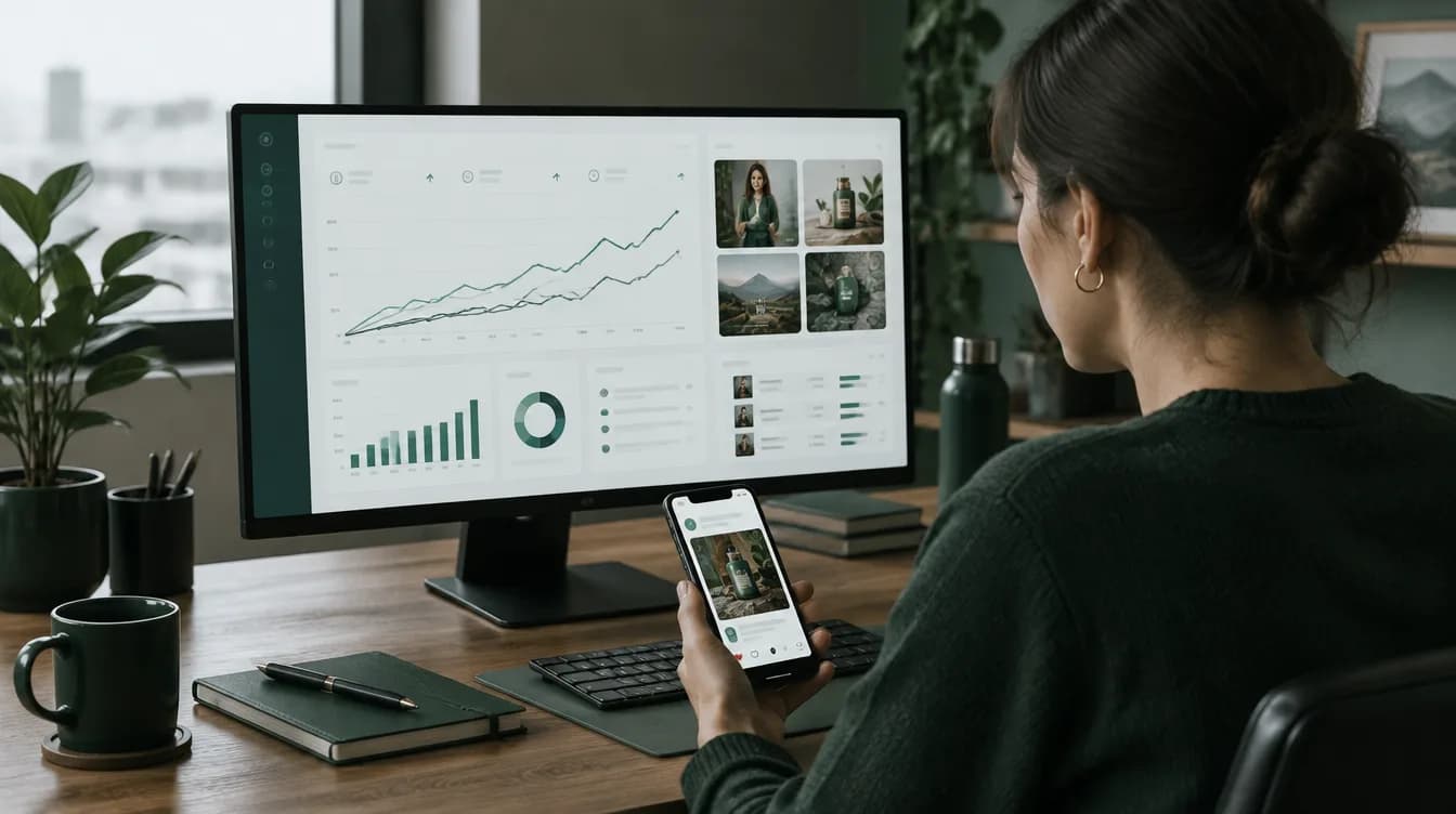 Une spécialiste du marketing examine un tableau de bord publicitaire et une annonce sur les réseaux sociaux