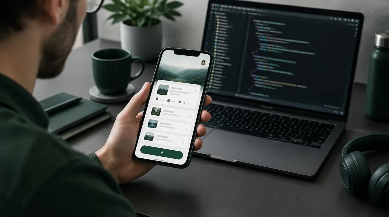 Une application mobile sur un téléphone, avec du code sur un portable en arrière-plan