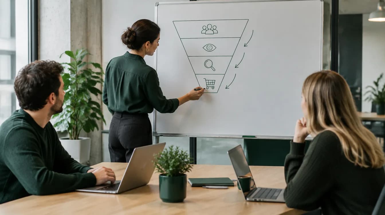 Une stratège dessine un entonnoir de conversion au tableau pour ses collègues