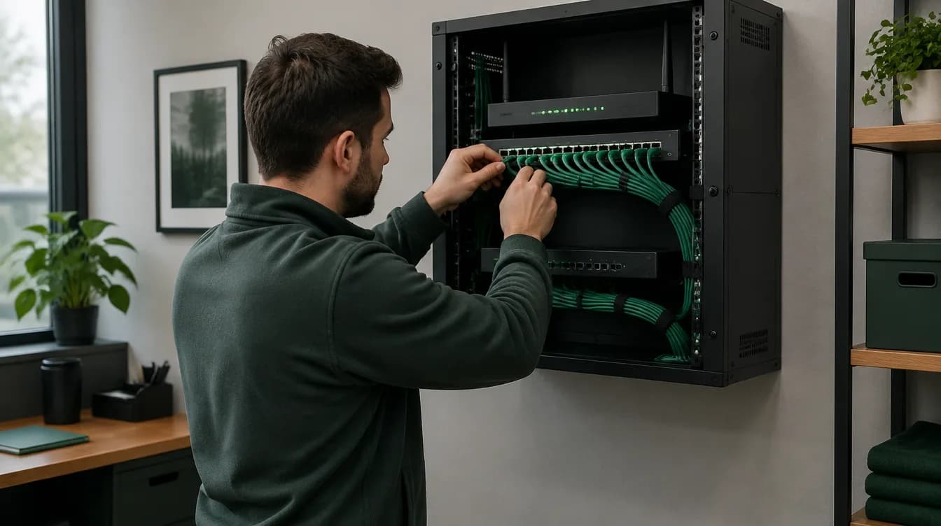 Un technicien branche des câbles réseau dans une baie de bureau