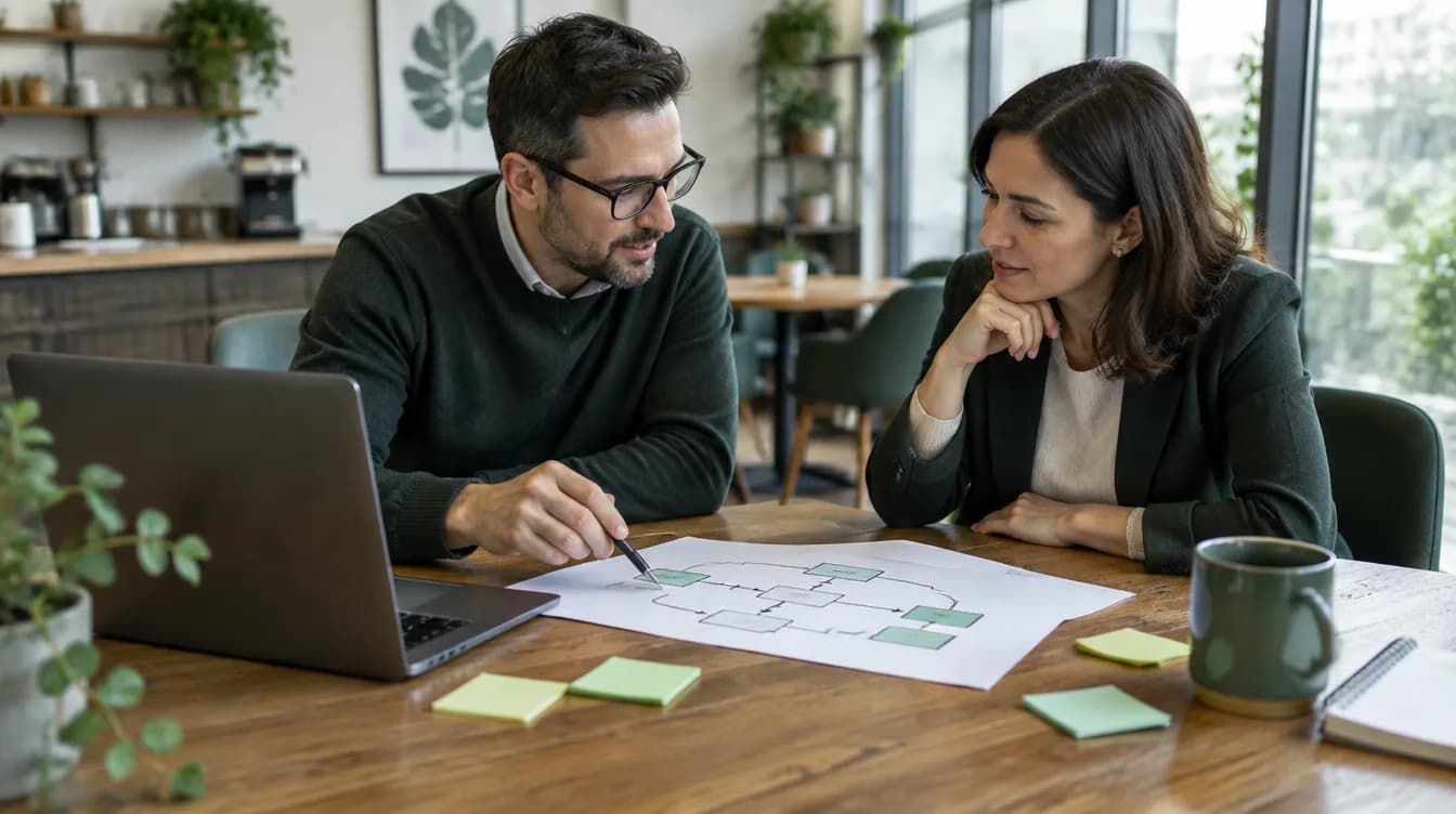 Un conseiller TI passe en revue un plan technologique avec une propriétaire d’entreprise
